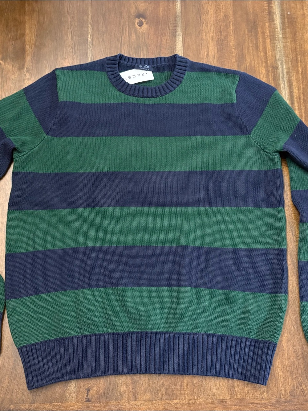 John Galt Navy and Green Striped Crewneck Sweater